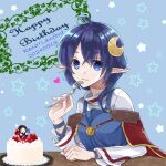  1girl ahoge akira_(kanadomeakira62) ashton_anchors birthday_cake blue_eyes blue_hair breasts cake cape closed_mouth crescent crescent_hair_ornament dated food fork hair_ornament holding holding_fork long_hair looking_at_viewer pointy_ears red_cape rena_lanford smile solo star_(symbol) star_ocean star_ocean_the_second_story 