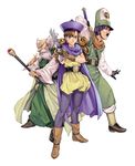  2boys alena_(dq4) beard belt black_eyes blue_eyes boots brey brown_hair cape claws clift dragon_quest dragon_quest_iv dress earrings facial_hair fighting_stance gloves hat highres homare_(fool's_art) jewelry long_hair looking_at_viewer multiple_boys mustache open_mouth orange_hair pantyhose purple_hair ready_to_draw robe shoes silver_eyes simple_background slit_pupils staff strap sword weapon white_background white_hair 