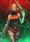  1girl absurdres ancient_greek_clothes asymmetrical_arms black_sclera blonde_hair bone colored_sclera dress glowing_arm greco-roman_clothes green_lips hades_(series) hades_2 highres holding_sickle laurel_crown melinoe_(hades) mismatched_sclera orange_dress see-through_body sephineedraws short_hair sickle skeletal_arm solo 