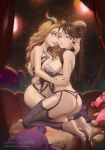  2girls ass barefoot bra breasts brown_hair couch curled_horns demon_girl demon_horns drill_hair fangs from_side garter_belt garter_straps goat_horns half-closed_eyes holding_another&#039;s_arm holding_another&#039;s_head horns hug indoors kneeling lace_trim large_breasts light_brown_hair light_particles lingerie lipstick long_hair looking_at_viewer makeup multiple_girls o-ring o-ring_legwear_garter o-ring_top on_couch original panties parted_lips pointy_ears purple_eyes red_curtains stuffed_toy thighhighs toes underwear watermark yellow_eyes yugen99 yuri 