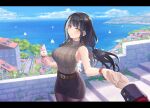  1girl bare_shoulders beach black_hair black_pantyhose black_skirt breasts brown_sweater commentary commission day english_commentary food girls&#039;_frontline heterochromia highres holding holding_food holding_hands holding_ice_cream ice_cream large_breasts multicolored_hair out_of_frame outdoors pantyhose pencil_skirt red_eyes ribbed_sweater ro635_(girls&#039;_frontline) samsam_s2s skirt sleeveless sleeveless_turtleneck smile solo_focus streaked_hair sweater turtleneck turtleneck_sweater two-tone_hair water white_hair yellow_eyes 