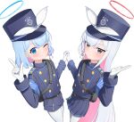  2girls ;) absurdres arona_(blue_archive) blue_archive blue_eyes blue_hair blue_jacket blue_shorts blue_skirt braid buttons cosplay double-breasted expressionless from_above from_side gloves hair_over_one_eye hands_up hat hat_ribbon highres hikari_(blue_archive) hikari_(blue_archive)_(cosplay) holding_hands jacket light_blue_hair light_frown long_hair looking_at_viewer looking_back looking_up medium_hair miniskirt multicolored_hair multiple_girls nikun_(sisee456) nozomi_(blue_archive) nozomi_(blue_archive)_(cosplay) one_eye_closed pantyhose pink_hair plana_(blue_archive) pleated_skirt ribbon short_shorts shorts single_braid skirt smile two-tone_hair very_long_hair white_gloves white_hair white_ribbon 