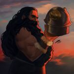  1boy bara beard black_hair cloud commentary covered_mouth cowboy_shot dungeon_meshi dwarf english_commentary facial_hair fake_horns fingernails from_side fur_trim hair_slicked_back hand_up helmet highres holding holding_helmet horned_helmet horns long_beard long_hair looking_to_the_side male_focus muscular muscular_male mustache nature nurve26 senshi_(dungeon_meshi) signature sky sleeveless solo twilight unworn_headwear unworn_helmet upper_body vambraces 