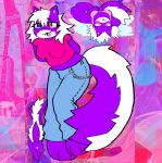 anthro blush bra bright_colors clothing complex_backhround female feral hair heterochromia hi_res lying mammal melissa_mouffette mephitid mephitidae mike_and_melissa on_back pants_chain purple_body roadkillblvd skunk solo underwear white_hair