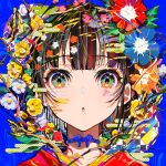  1girl :o animal black_hair blue_background blue_eyes blue_flower branch bug butterfly egasumi flower highres japanese_clothes kimono looking_at_viewer mika_pikazo orange_flower original parted_lips polka_dot portrait red_flower red_kimono solo yellow_flower 