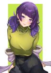  1girl absurdres black_skirt blush fingernails head_tilt highres idolmaster idolmaster_shiny_colors invisible_chair long_hair long_sleeves looking_at_viewer mr2d nail_polish purple_eyes purple_hair shawl simple_background sitting skirt smile solo sweater tanaka_mamimi twintails two-tone_background 