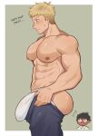  0_0 2boys abs ass bara blonde_hair bulge bulge_lift chibi chibi_inset covered_penis cowboy_shot dark-skinned_male dark_skin dungeon_meshi from_side highres i&#039;ve_never_seen_a_guy_recreate_this_successfully_tbh_(meme) kabru laios_touden large_bulge large_pectorals male_focus male_underwear meme multiple_boys muscular muscular_male nipples open_pants pants pants_lift pectorals ryuka344 short_hair solo_focus standing thick_eyebrows topless_male undersized_clothes underwear white_male_underwear 