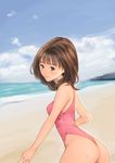  1girl ass bare_shoulders beach blush breasts brown_eyes brown_hair cloud clouds i&quot;s koro_chan_fan_club looking_at_viewer ocean sand short_hair sky small_breasts solo standing sweat swimsuit water yoshizuki_iori 