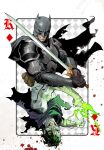  2boys absurdres armor bandaged_arm bandages batman batman_(series) black_cape black_sclera breastplate cape card clenched_hand cloak colored_sclera dan_mora dark_knights_of_steel dc_comics green_eyes grey_hair grin helmet highres holding holding_sword holding_weapon joker_(dc) king_(playing_card) king_of_diamonds looking_at_viewer magic male_focus multiple_boys pauldrons playing_card purple_cloak short_hair shoulder_armor smile sword torn_cape torn_cloak torn_clothes vambraces weapon 