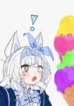 ! 1girl animal_ears blue_bow blue_bowtie blue_hairband blue_jacket blue_ribbon bow bowtie fang frilled_shirt frills grey_hair hair_bow hair_intakes hair_ribbon hairband heterochromia highres ice_cream_cone jacket long_hair mechanical_ears no.21:_feral_scent_(punishing:_gray_raven) no.21_(punishing:_gray_raven) official_alternate_costume open_mouth punishing:_gray_raven ribbon sangosyan2 shirt skin_fang solo star-shaped_pupils star_(symbol) symbol-shaped_pupils white_shirt wolf_ears 