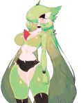  big_breasts bottomwear breasts clothing cutoffs denim denim_bottomwear denim_clothing eyeshadow featureless_breasts female gardevoir generation_3_pokemon hair hair_over_eye hi_res humanoid humanoid_pointy_ears legwear long_hair makeup nintendo not_furry one_eye_obstructed piercing pokemon pokemon_(species) shorts simple_background solo thigh_highs usa37107692 white_background 