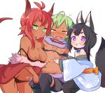  3girls ahoge animal_ears antenna_hair babalilo black_hair black_thighhighs blue_kimono blush bra bra_pull breasts clothes_pull collar commentary_request dark-skinned_female dark_skin doru_(babalilo) dragon_girl dragon_horns dragon_tail embarrassed expressionless fang flying_sweatdrops fox_ears fox_girl fox_tail green_eyes green_hair grin highres horns japanese_clothes jewelry kimono looking_at_viewer medium_breasts multiple_girls navel necklace nipples off_shoulder orange_eyes original pink_eyes pointy_ears red_collar red_hair rococo_(babalilo) scarf side-by-side simple_background small_breasts smile tail tareme thick_eyebrows thighhighs titi_(babalilo) underwear white_background 