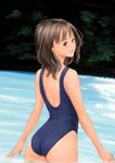  1girl ass back bare_shoulders blush brown_eyes brown_hair forest i&quot;s koro_chan_fan_club lips looking_back nature short_hair solo standing swimsuit water yoshizuki_iori 