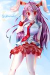  animal_ears bad_id bad_pixiv_id bunny_ears highres long_hair necktie purple_hair red_eyes red_neckwear reisen_udongein_inaba rukito school_uniform sky solo summer thighs touhou very_long_hair 