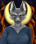  anthro canid canine canis clothed clothing eyebrows eyelashes female fur grey_body grey_fur hi_res mammal moon narrowed_eyes solo star wolf yellow_eyes yourumi 