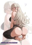  1girl absurdres ass bare_shoulders barefoot black_bra black_panties bra breasts commentary corrin_(female)_(fire_emblem) corrin_(fire_emblem) deliciousbrain fire_emblem fire_emblem_fates grey_hair highres long_hair looking_at_viewer medium_breasts panties pointy_ears red_eyes seiza simple_background sitting underwear very_long_hair white_background zoom_layer 