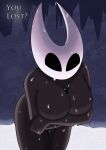  absurd_res anthro arthropod big_breasts black_body black_eyes breasts crossed_arms dialogue empty_eyes featureless_breasts female hand_under_breast hi_res hollow_knight hornet_(hollow_knight) hot_spring insect nude partially_submerged solo standing_in_water team_cherry text thick_thighs water wet white_body wide_hips zancu 