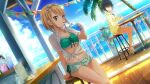  22/7 22/7_ongaku_no_jikan 2girls beach beach_house bikini blonde_hair blue_hair blue_hairband blue_ribbon blue_sky cloud collarbone cup disposable_cup drinking_straw drinking_straw_in_mouth dutch_angle flower frilled_bikini frills game_cg green_bikini green_eyes hair_over_eyes hair_ribbon hairband highres holding holding_drinking_straw hood hoodie lens_flare light_particles looking_at_object menu_board multiple_girls navel non-web_source ocean official_art on_chair palm_tree pennant railing ribbon saito_nicole sandals shirt short_hair short_sleeves sitting sky sparkle string_of_flags swimsuit takigawa_miu tied_shirt tree white_shirt wooden_chair wooden_railing yellow_hoodie 