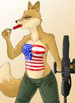  breasts canine eyewear female fidchell fiidchell fluffy_tail fox glasses lt._vixen machine_gun mammal plain_background popsicle solo standing sucking tight_pants topless 