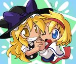  alice_margatroid artist_name bandaid bandaid_on_face blonde_hair blue_eyes capelet cheek-to-cheek coffgirl dated grin hairband hat holding_hands kirisame_marisa long_hair multiple_girls one_eye_closed short_hair smile star touhou two-tone_background witch_hat yellow_eyes 