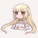  1girl blonde_hair blush brown_eyes chibi chii chiisana_rie chobits colored_shadow commentary dress frilled_dress frills hair_tubes highres instagram_logo instagram_username long_hair low-tied_sidelocks puffy_short_sleeves puffy_sleeves robot_ears shadow short_sleeves simple_background sitting solo tiktok_username twitch_logo twitter_logo twitter_username very_long_hair white_background white_dress 