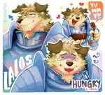  &gt;_&lt; 1boy absurdres armor blonde_hair collage dog_boy dungeon_meshi eating english_text expressions fungiteh furrification furry furry_male highres laios_touden loving_aura male_focus short_hair spoon tearing_up thick_eyebrows turn_pale 