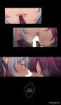  2girls absurdres black_gloves blush closed_eyes english_text finger_to_another&#039;s_mouth french_kiss gloves grey_hair hand_on_another&#039;s_chin highres hinagi_(fox_priest) honkai:_star_rail honkai_(series) kafka_(honkai:_star_rail) kiss kiss_day looking_at_another multiple_girls parted_lips purple_gloves purple_hair stelle_(honkai:_star_rail) sweat tongue tongue_out trailblazer_(honkai:_star_rail) yellow_eyes yuri 