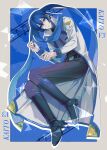  1boy absurdres belt bibinggwas2 blue_eyes blue_hair blue_nails blue_scarf boots coat english_text expressionless highres kaito_(vocaloid) long_sleeves lying male_focus musical_note on_side pants scarf short_hair vocaloid white_coat 
