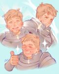  1boy absurdres armor blonde_hair blush bruise cropped_shoulders dungeon_meshi expressions grin happy highres injury laios_touden male_focus pan_(pan_p) short_hair smile swollen thick_eyebrows thumbs_up 