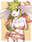  2024 absurd_res anthro areola border bouquet breasts convenient_censorship female flower flower_bouquet front_view generation_4_pokemon green_eyes green_hair hair hands_behind_back hi_res horn legendary_pokemon navel nintendo nude open_mouth plant pokemon pokemon_(species) shaymin simple_background smile solo tail tongue white_body white_border white_skin wraps yellow_background zinfyu 