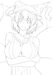  absurdres bad_id bad_pixiv_id blush breast_hold breasts crossed_arms doseisan_(dosei-san) fox_tail greyscale hat highres large_breasts lineart monochrome multiple_tails naked_tabard short_hair sideboob solo tabard tail touhou yakumo_ran 