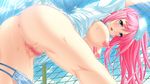  16:9 1girl anus areolae ass blue_eyes blush breasts breasts_outside censored cloud erect_nipples fence game_cg kaneshiro_wataru large_breasts legs long_hair looking_at_viewer nipples no_bra nurse oppai_igai_ga_dame_sugiru_ane outdoors panties panty_pull pink_hair pussy sky solo sweat thighs underwear wet 