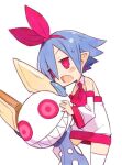  1girl bare_shoulders blue_hair blush commentary_request detached_sleeves disgaea fang flat_chest hairband harada_takehito open_mouth original pleinair pointy_ears rabbit red_eyes short_hair simple_background solo thighhighs usagi-san white_background 