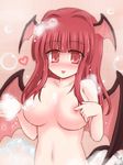  blush breasts censored convenient_censoring covering_nipples demon_tail demon_wings head_wings heart koakuma large_breasts looking_at_viewer naughty_face navel nipples nude red_eyes red_hair ry soap solo tail tongue tongue_out touhou upper_body wings 