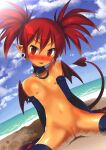  1girl beach black_gloves black_thighhighs blue_sky blush choker cloud dai_(uhyoko1102151) demon_girl demon_tail demon_wings disgaea earrings elbow_gloves etna_(disgaea) flat_chest gloves horizon jewelry looking_at_viewer makai_senki_disgaea navel nipples o-ring o-ring_choker ocean outdoors pointy_ears pussy red_eyes red_hair red_tail red_wings sand sitting skull_earrings sky smile solo spread_legs tail tan thighhighs tongue tongue_out uhyoko wings 