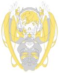  1girl arms_up blonde_hair hair_between_eyes heart ka9_qq long_hair looking_at_viewer open_mouth original ribs sharp_teeth simple_background sketch solo teeth unfinished upper_body white_background yellow_eyes 