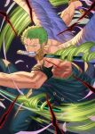  1boy aura bandana bandana_around_arm black_bandana feathered_wings green_hair green_pants haramaki holding holding_sword holding_weapon looking_at_viewer male_focus mouth_hold one_eye_closed one_piece pants roronoa_zoro scar scar_across_eye short_hair solo stnutt sword topless_male triple_wielding upper_body weapon white_wings wings 