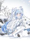  1girl :o absurdres animal artist_name bare_tree blue_bow blue_eyes blue_hair blue_scarf blurry blurry_background boots bow capelet commentary fur-trimmed_capelet fur_trim gloves hat hat_bow hatsune_miku high_heel_boots high_heels highres holding_snowman light_blue_hair looking_at_viewer mini_snowman miniskirt open_mouth pleated_skirt pom_pom_(clothes) rabbit rabbit_yukine rrrrika scarf skirt snow snowflake_print solo squatting thigh_boots tree twintails vocaloid white_capelet white_footwear white_gloves white_hat white_scarf white_skirt white_sleeves winter yuki_miku yuki_miku_(2011) 