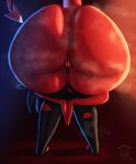  absurd_res big_butt biped bodily_fluids butt clothing demon female genitals helluva_boss hi_res huge_butt legwear millie_(helluva_boss) n-kosi not_furry praise_da_booty_(meme) pussy red_body solo spade_tail sweat tail thick_thighs thigh_highs torn_clothing 
