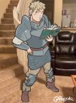  1boy armor blonde_hair book dungeon_meshi flapjastic full_body hand_on_own_hip highres holding holding_book laios_touden light_blush looking_at_viewer male_focus meme_request photo_background puckered_lips short_hair solo thick_eyebrows 