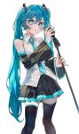  1girl absurdres bare_shoulders black_thighhighs blue_eyes blue_hair blue_nails blush commentary detached_collar hatsune_miku highres holding holding_microphone holding_microphone_stand long_hair looking_at_viewer microphone microphone_stand necktie pleated_skirt ramika_(ramika0606) simple_background skirt solo thighhighs tie_clip twintails very_long_hair vocaloid white_background zettai_ryouiki 