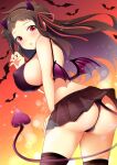  1girl :o ass ayame_(senran_kagura) bat_(animal) bat_wings betterthanbone2 black_bra black_hair black_horns black_tail blush body_blush bra breasts claw_pose clothes_lift covered_nipples demon demon_girl demon_horns demon_tail demon_wings gradient_background hair_ornament hair_ribbon horns large_breasts lens_flare lens_flare_abuse lifted_by_tail lifting_own_clothes long_hair looking_at_viewer looking_back low_wings microskirt open_mouth orange_background panties pleated_skirt red_eyes ribbon senran_kagura senran_kagura_new_wave shiny_skin sideboob skirt skirt_lift solo tail thighhighs underwear wings 