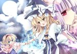  alice_margatroid blonde_hair blue_eyes braid embellished_costume hairband hat kirisame_marisa moonlight multiple_girls nogi_takayoshi patchouli_knowledge pulling purple_hair red_eyes side_braid touhou witch_hat yellow_eyes 