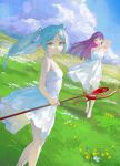  2girls absurdres adjusting_hair aqua_hair bare_legs barefoot blue_flower blue_sky blunt_bangs breasts closed_mouth cloud darr1o dress elf feet_out_of_frame fern_(sousou_no_frieren) floating_clothes floating_hair flower frieren full_body grasslands green_eyes heel_up highres holding holding_staff large_breasts legs long_hair looking_at_viewer looking_to_the_side multiple_girls outdoors parted_bangs pointy_ears purple_eyes purple_hair sky sleeveless sleeveless_dress small_breasts smile sousou_no_frieren spaghetti_strap staff straight_hair sundress thick_eyebrows toes twintails white_dress white_flower white_hair wind yellow_flower 