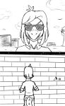  2024 anthro bianca_(bybuckett) black_and_white blind brick_wall cavemanon_studios clothing comic dinosaur disability eyewear fan_character female front_view hair hi_res jacket_ignites monochrome outside reptile scalie sharp_teeth shirt short_hair sketch smile snoot_game solo sunglasses teeth topwear wall_(structure) 