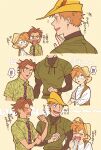  ! !! 3boys br&#039;er_fox_(disney) brown_vest drawstring embarrassed fang fingernails green_eyes green_tunic hat hat_feather highres humanization long_sleeves male_focus multiple_boys muscle_envy necktie nick_wilde open_mouth orange_hair robin_hood_(disney) robin_hood_(disney)_(character) shirt short_hair song_of_the_south striped_necktie toned toned_male translation_request uochandayo vest waving white_shirt yellow_hat zootopia 