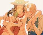  3boys ^_^ black_hair blonde_hair closed_eyes commentary_request eigoni hat hug jewelry male_focus monkey_d._luffy multiple_boys necklace one_piece pearl_necklace portgas_d._ace red_shirt sabo_(one_piece) scar scar_on_chest scar_on_face shirt simple_background topless_male waistcoat white_background 