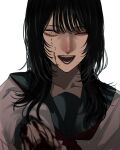  1girl black_hair blood blood_on_face blue_sailor_collar blurry braces collarbone commentary depth_of_field grey_eyes hashtag-only_commentary highres hoshi_san_3 long_hair long_sleeves looking_at_viewer neckerchief one_eye_closed open_mouth original pov_stabbing red_neckerchief sailor_collar school_uniform serafuku shirt simple_background solo teeth upper_body white_background white_shirt 
