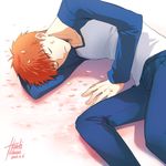  dated emiya_shirou fate/stay_night fate_(series) haneki male_focus orange_hair raglan_sleeves red_hair signature sleeping solo 