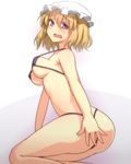  bikini blonde_hair breasts collarbone maribel_hearn medium_breasts micro_bikini open_clothes open_shirt purple_eyes shirt sideboob solo strap_gap swimsuit t-back thong_bikini tori_(minamopa) touhou uncensored wavy_hair wavy_mouth 